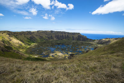 Scenic view of the volcanic lake landscape in easter island 