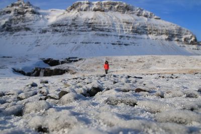 Rear view of person on rock against sky