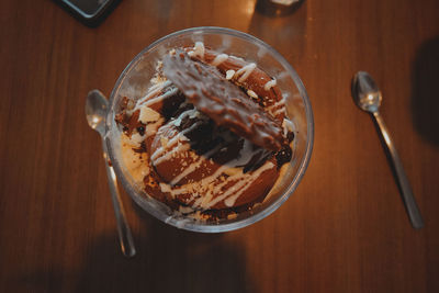 High angle view of ice cream in bowl on table