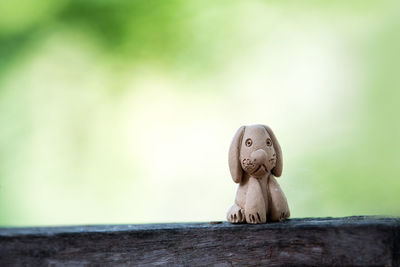 Clay doll dog on wood.