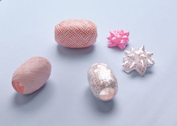 High angle view of pink cake on table