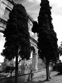 Trees by historic building against sky