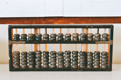 High angle view of old objects on table