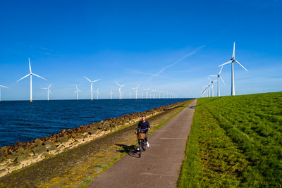 Rear view of people walking on beach against clear blue sky