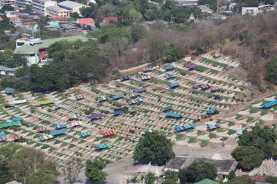 High angle view of buildings in town