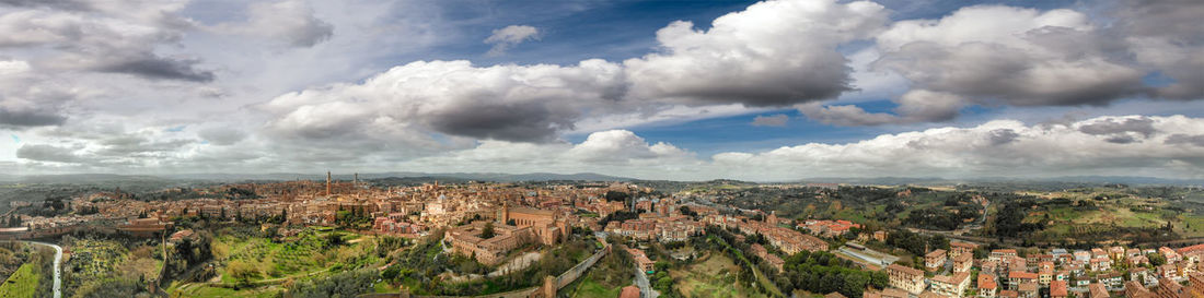 High angle shot of townscape against sky