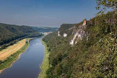 Scenic view of river amidst landscape against clear sky