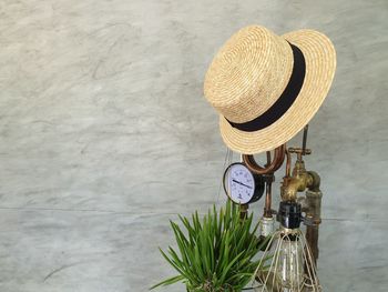 High angle view of wicker basket on wall