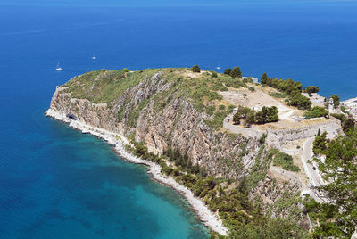 High angle view of beach against blue sky