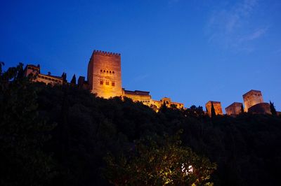 Low angle view of castle against clear blue sky