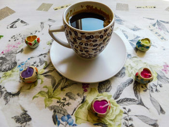 High angle view of coffee on table