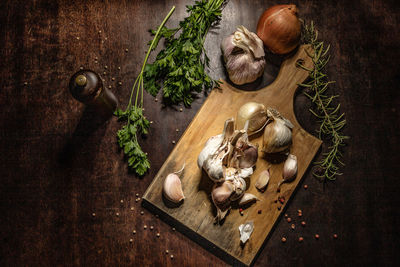 High angle view of vegetables on cutting board