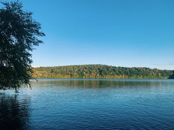 Scenic view of lake against clear blue sky