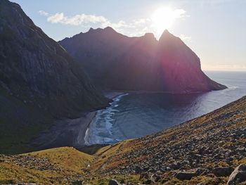 Scenic view of sea and mountains against sky