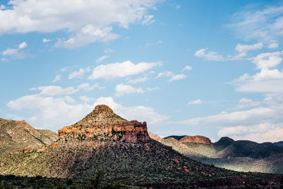 Rock formations on landscape against cloudy sky