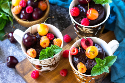 High angle view of fruits in bowl on table