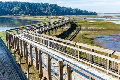 The boardwalk above the nisqually wetlands in washington state.