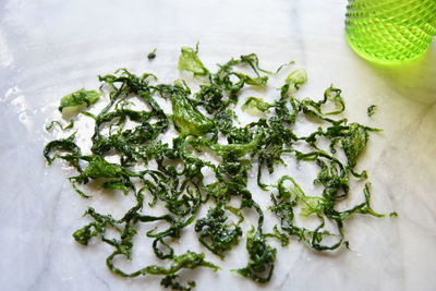 High angle view of chopped vegetables on table