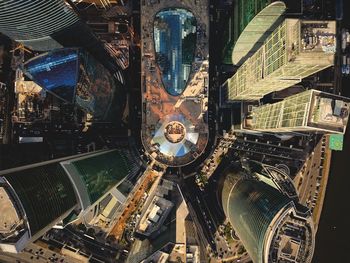 High angle view of modern buildings in city