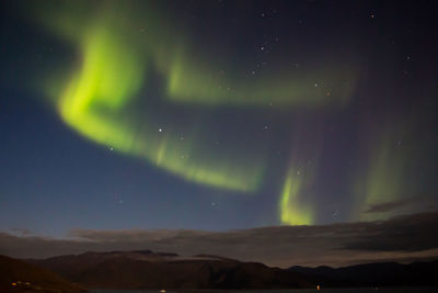 Scenic view of mountains against sky at night