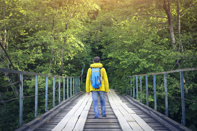 Rear view of man standing on footbridge