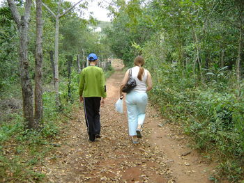 Rear view of family walking on field amidst trees