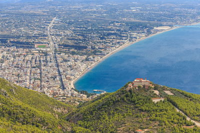 Distant view on loutraki town from above, greece