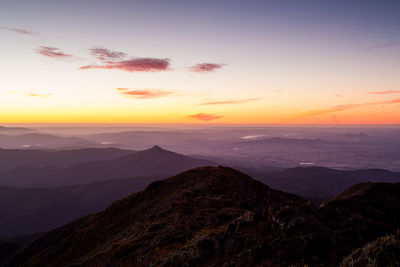 Scenic view of silhouette mountains against sky during sunset