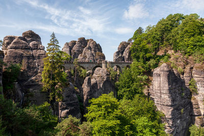 Panoramic view of the elbe sandstone mountains, germany. the bastei bridge.