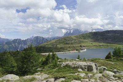 Scenic view of lake against cloudy sky