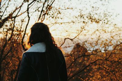 Rear view of woman standing by bare trees during sunset