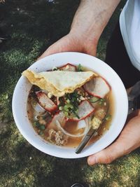 Midsection of man holding fresh meal in bowl