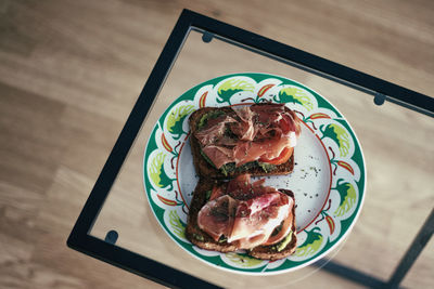 High angle view of meal served on table