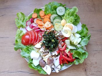 High angle view of chopped vegetables on table