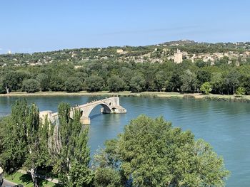 Scenic view of river by trees against clear sky