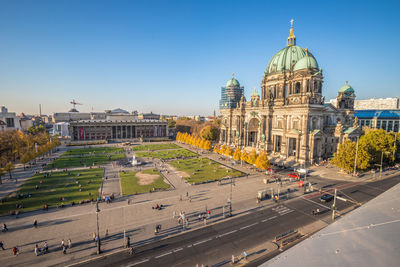 High angle view of city street against clear sky