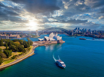 Landscape aerial view of sydney opera house around the harbour.