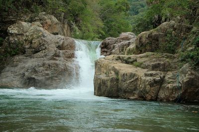 Scenic view of waterfall in forest against sky