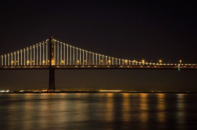 Illuminated bridge over river at night