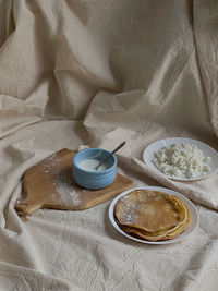 High angle view of breakfast on table