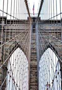 A close up view of the cables from the brooklyn bridge in new york city.