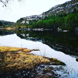 Scenic view of lake against sky during winter