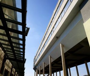 Low angle view of modern building against clear sky