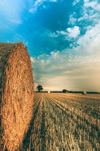 Hay bales on field against sky