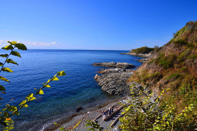 Scenic view of sea against blue sky