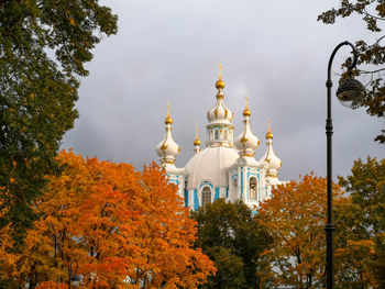 Low angle view of trees and buildings against sky