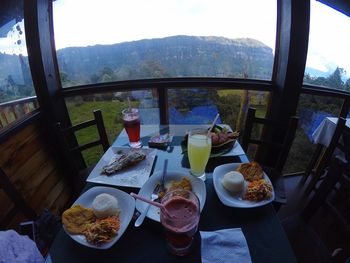 High angle view of breakfast served on table at restaurant