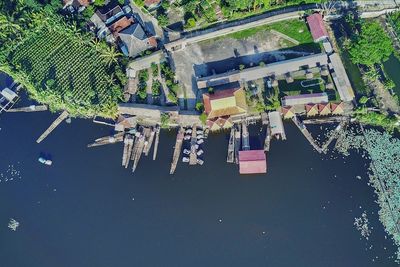 High angle view of buildings and tree by lake