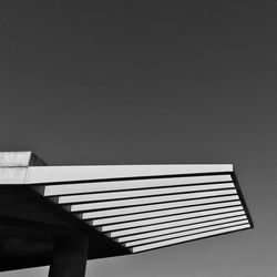 Low angle view of patterned roof against clear sky