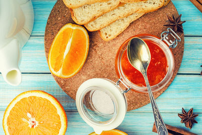 High angle view of breakfast on table